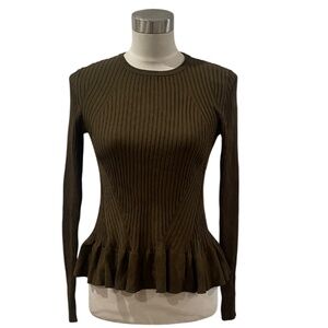 NWOT H&M army green viscose knit ribbed peplum top sweater S M